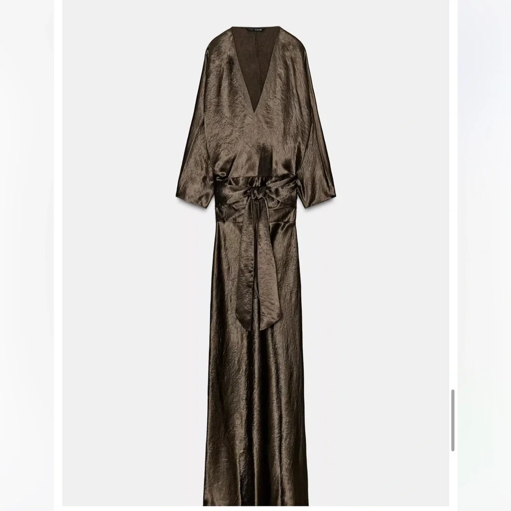 Zara NWT ZW Collection satin effect wrap dress brown 9780/063